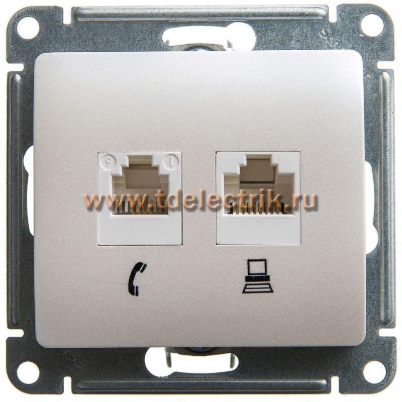 Фотография №1, GLOSSA РОЗЕТКА двойная RJ11+RJ45 кат.5E ПЕРЛАМУТР